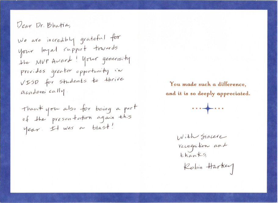 VISD education thank you card, inside